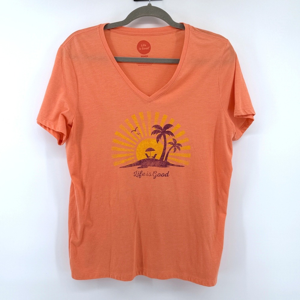 Life Is Good T-Shirt Palm Tree Graphic Large Orange Women V-Neck Summer Tee